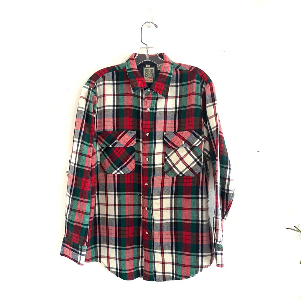 Vintage Flannel Red and Green Plaid Casual Button Down Shirt Bold Soft Medium